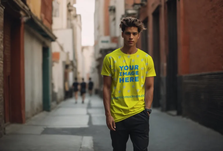 Man Wearing Yellow T-shirt Mockup Front View Template