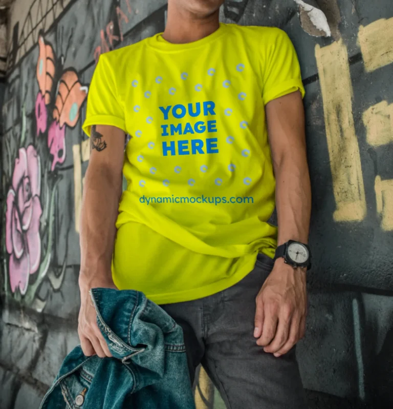 Man Wearing Yellow T-shirt Mockup Front View Template