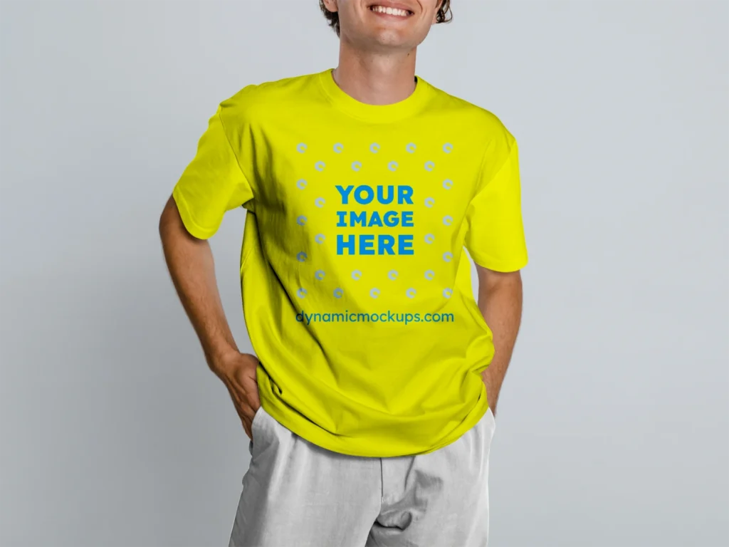 Man Wearing Yellow T-shirt Mockup Front View Template