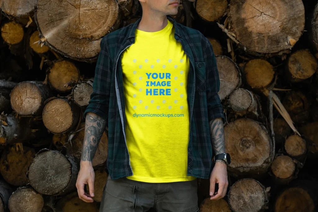 Man Wearing Yellow T-shirt Mockup Front View Template