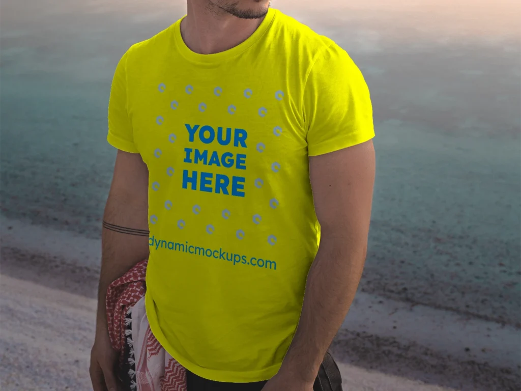 Man Wearing Yellow T-shirt Mockup Front View Template