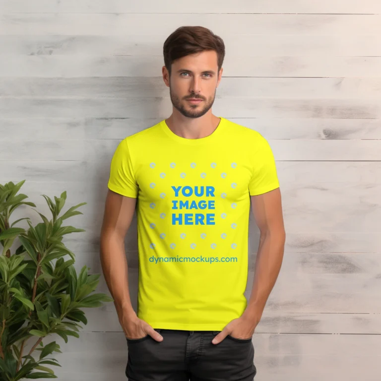 Man Wearing Yellow T-shirt Mockup Front View Template