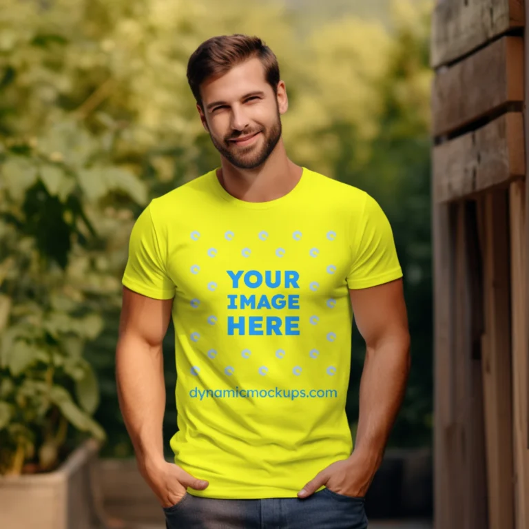 Man Wearing Yellow T-shirt Mockup Front View Template