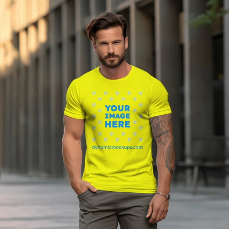 Man Wearing Yellow T-shirt Mockup Front View Template