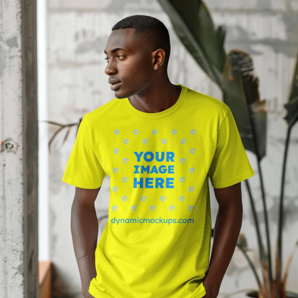 Man Wearing Yellow T-shirt Mockup Front View Template