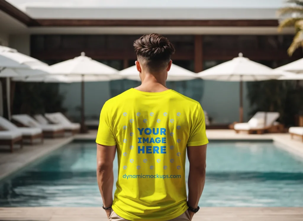 Man Wearing Yellow T-shirt Mockup Back View Template