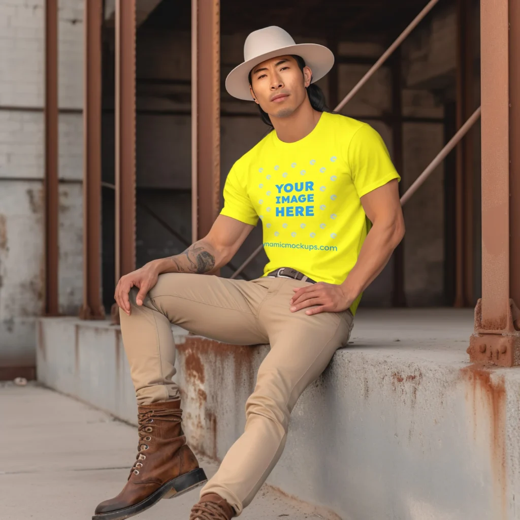 Man Wearing Yellow T-shirt Mockup Front View Template