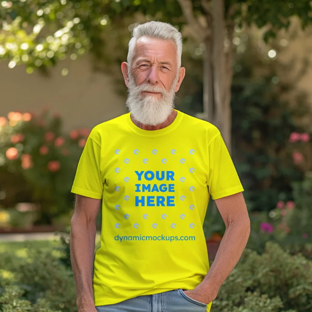 Man Wearing Yellow T-shirt Mockup Front View Template