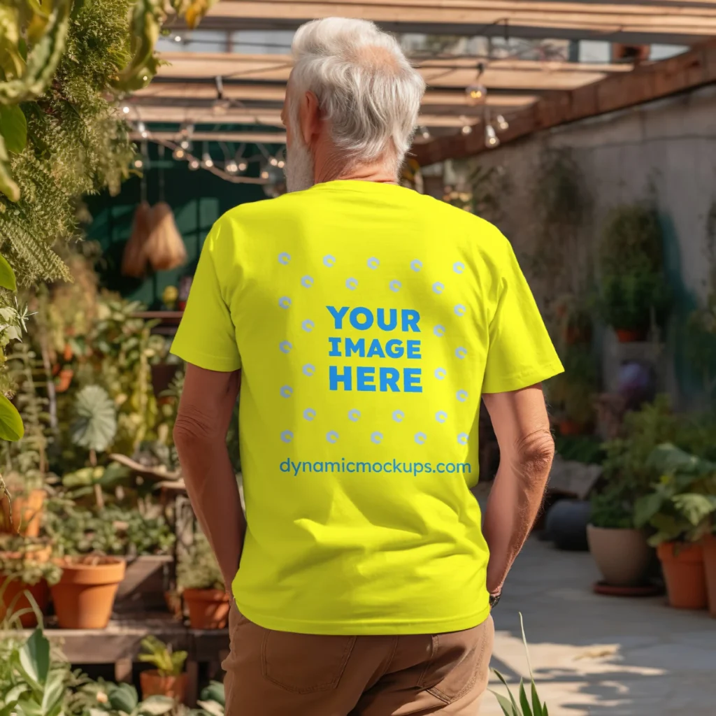 Man Wearing Yellow T-shirt Mockup Back View Template