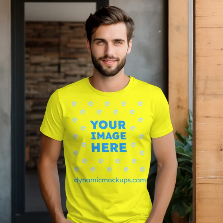 Man Wearing Yellow T-shirt Mockup Front View Template