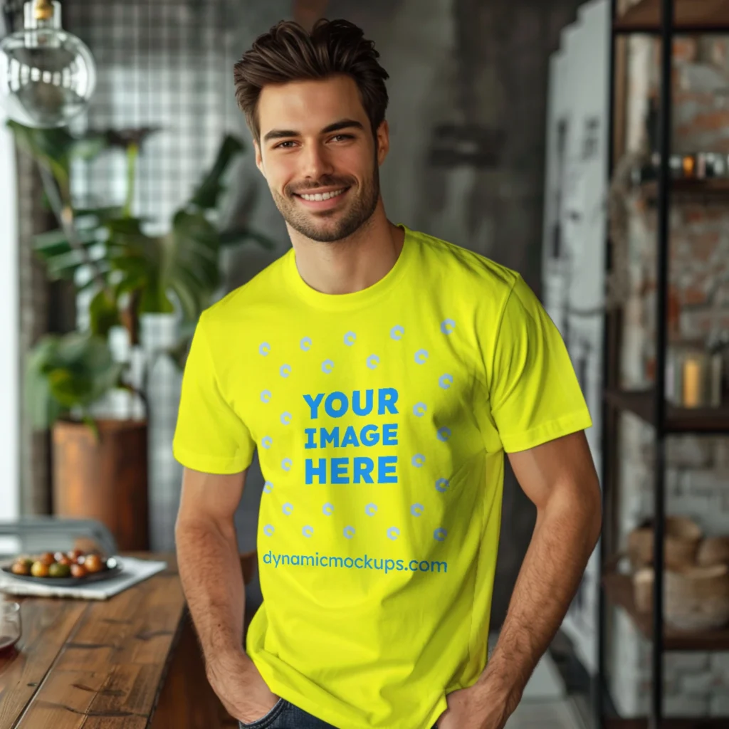 Man Wearing Yellow T-shirt Mockup Front View Template