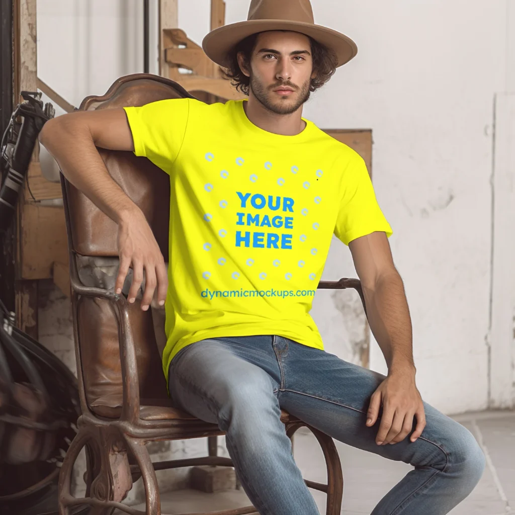 Man Wearing Yellow T-shirt Mockup Front View Template