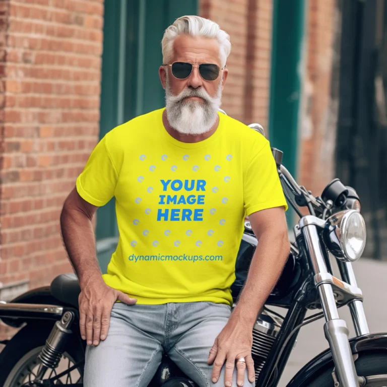 Man Wearing Yellow T-shirt Mockup Front View Template