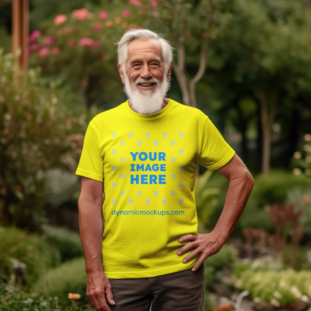 Man Wearing Yellow T-shirt Mockup Front View Template