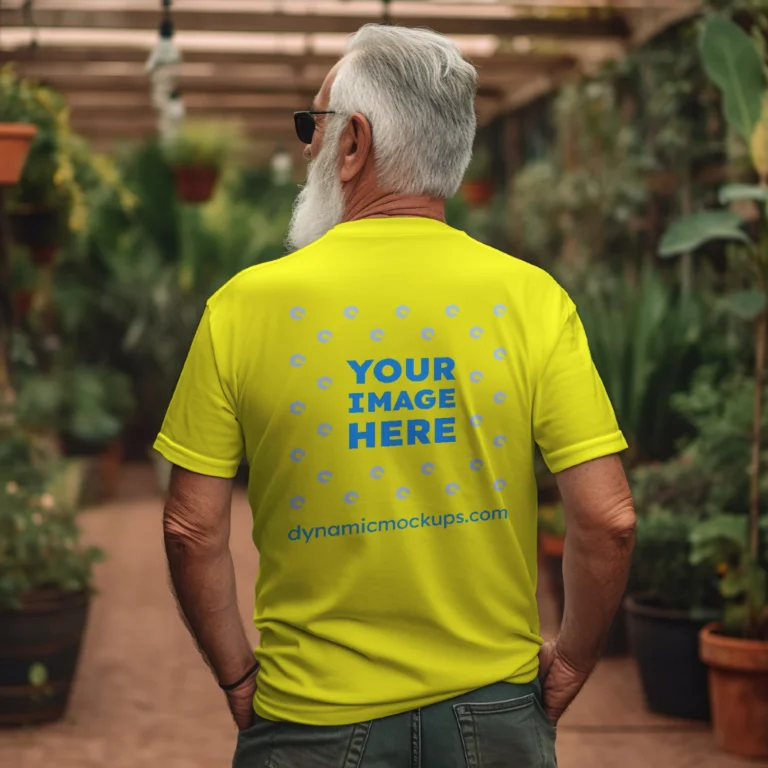 Man Wearing Yellow T-shirt Mockup Back View Template