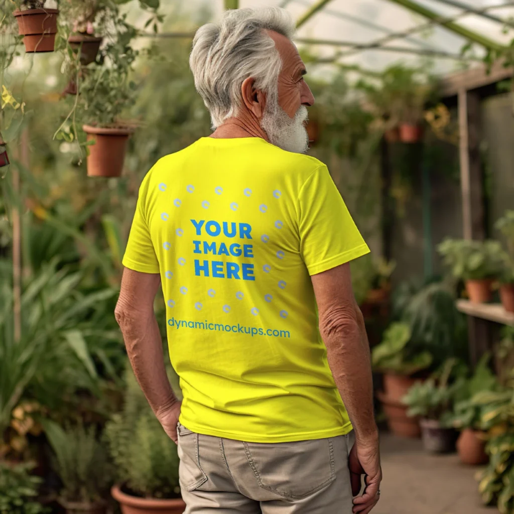 Man Wearing Yellow T-shirt Mockup Back View Template