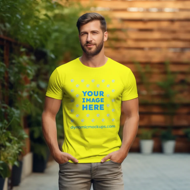 Man Wearing Yellow T-shirt Mockup Front View Template