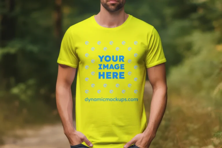 Man Wearing Yellow T-shirt Mockup Front View Template