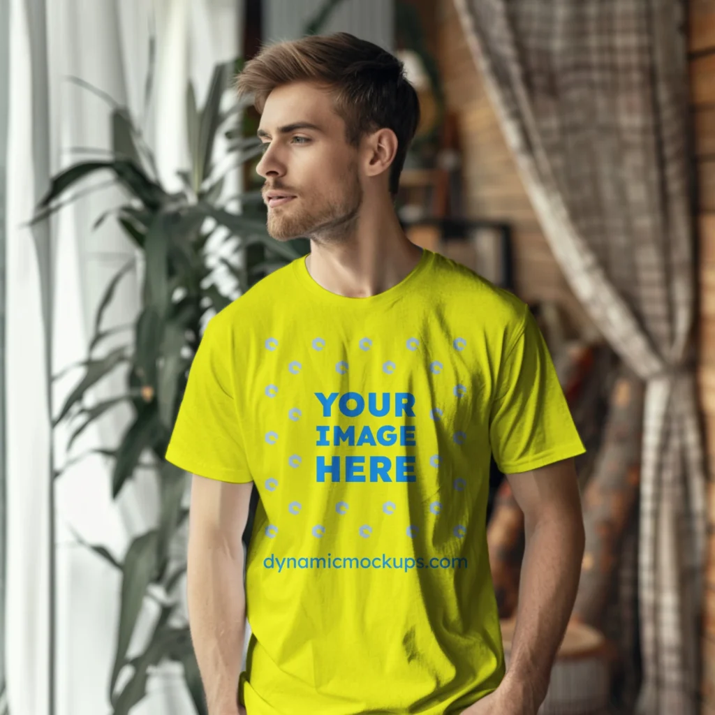 Man Wearing Yellow T-shirt Mockup Front View Template