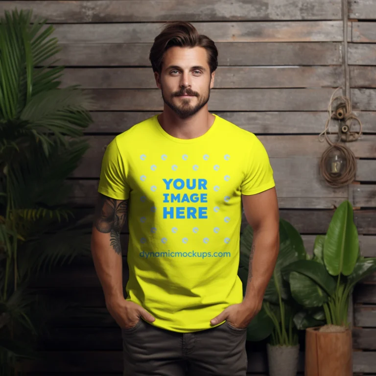 Man Wearing Yellow T-shirt Mockup Front View Template