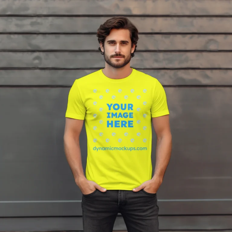 Man Wearing Yellow T-shirt Mockup Front View Template