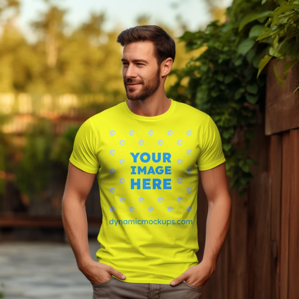 Man Wearing Yellow T-shirt Mockup Front View Template