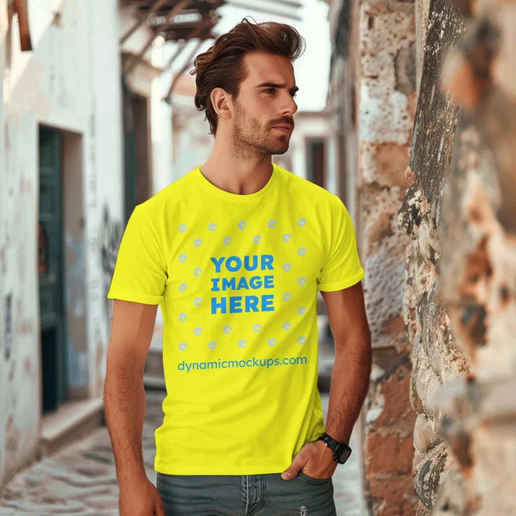 Man Wearing Yellow T-shirt Mockup Front View Template