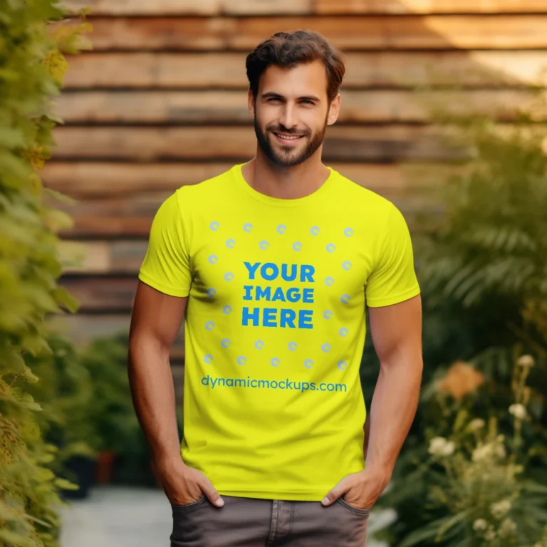 Man Wearing Yellow T-shirt Mockup Front View Template