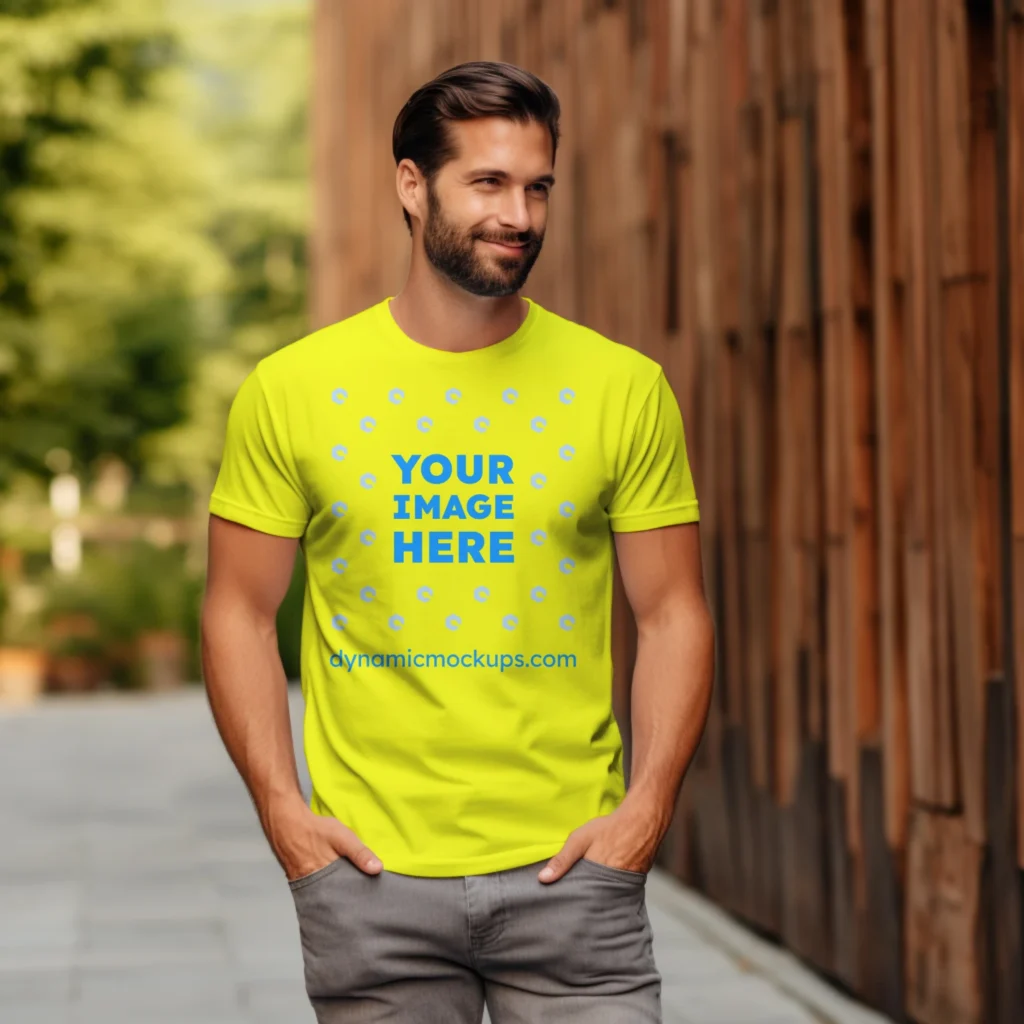 Man Wearing Yellow T-shirt Mockup Front View Template