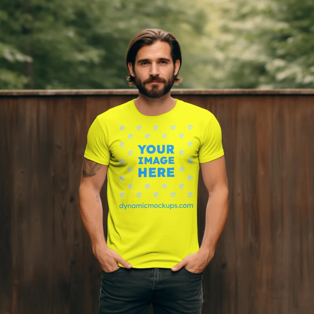 Man Wearing Yellow T-shirt Mockup Front View Template