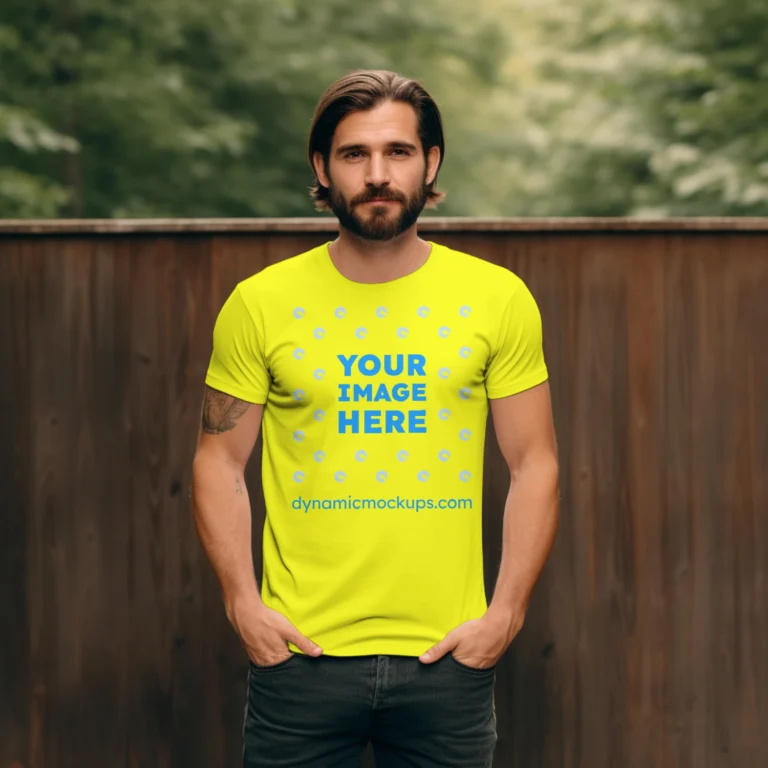 Man Wearing Yellow T-shirt Mockup Front View Template