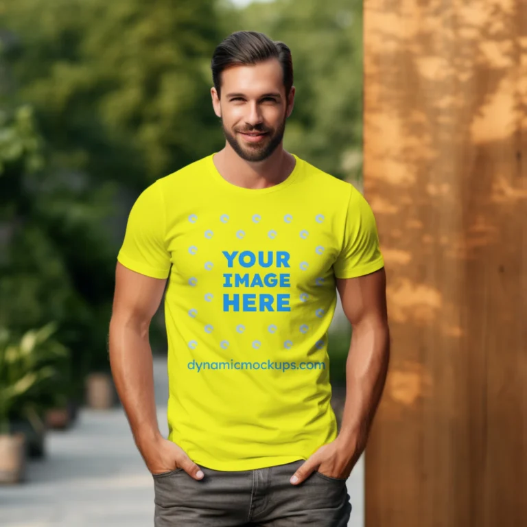 Man Wearing Yellow T-shirt Mockup Front View Template