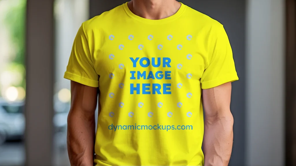 Man Wearing Yellow T-shirt Mockup Front View Template