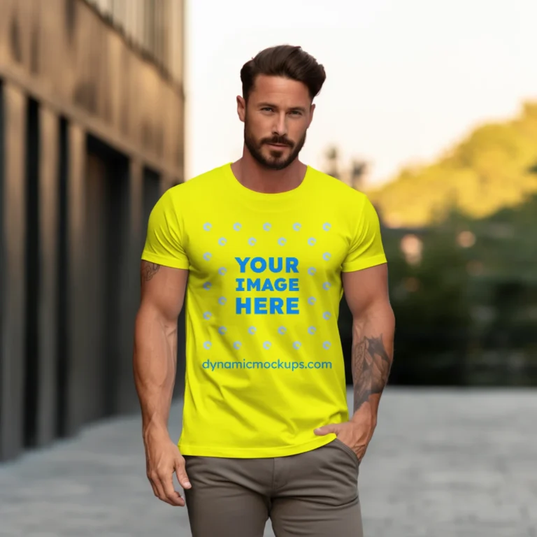 Man Wearing Yellow T-shirt Mockup Front View Template