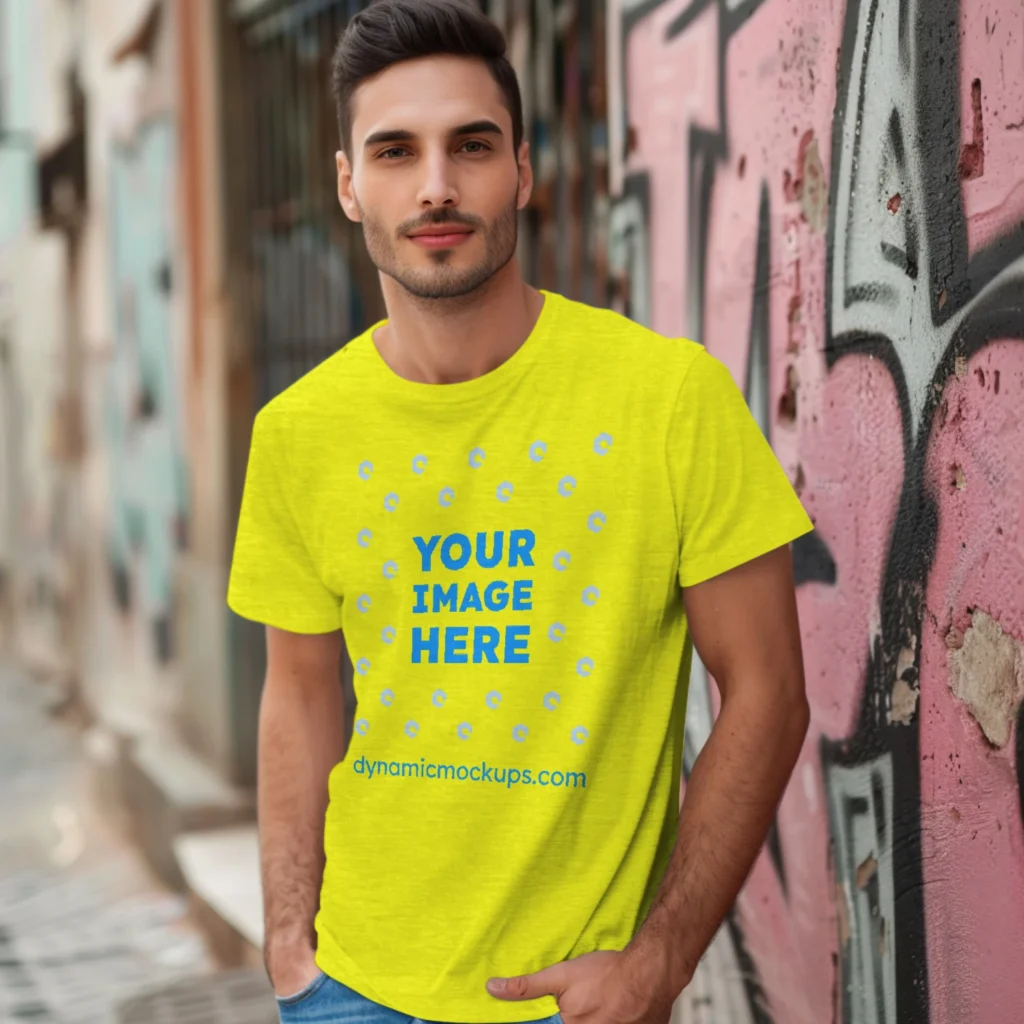 Man Wearing Yellow T-shirt Mockup Front View Template