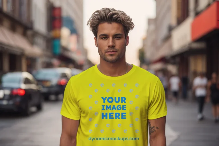 Man Wearing Yellow T-shirt Mockup Front View Template