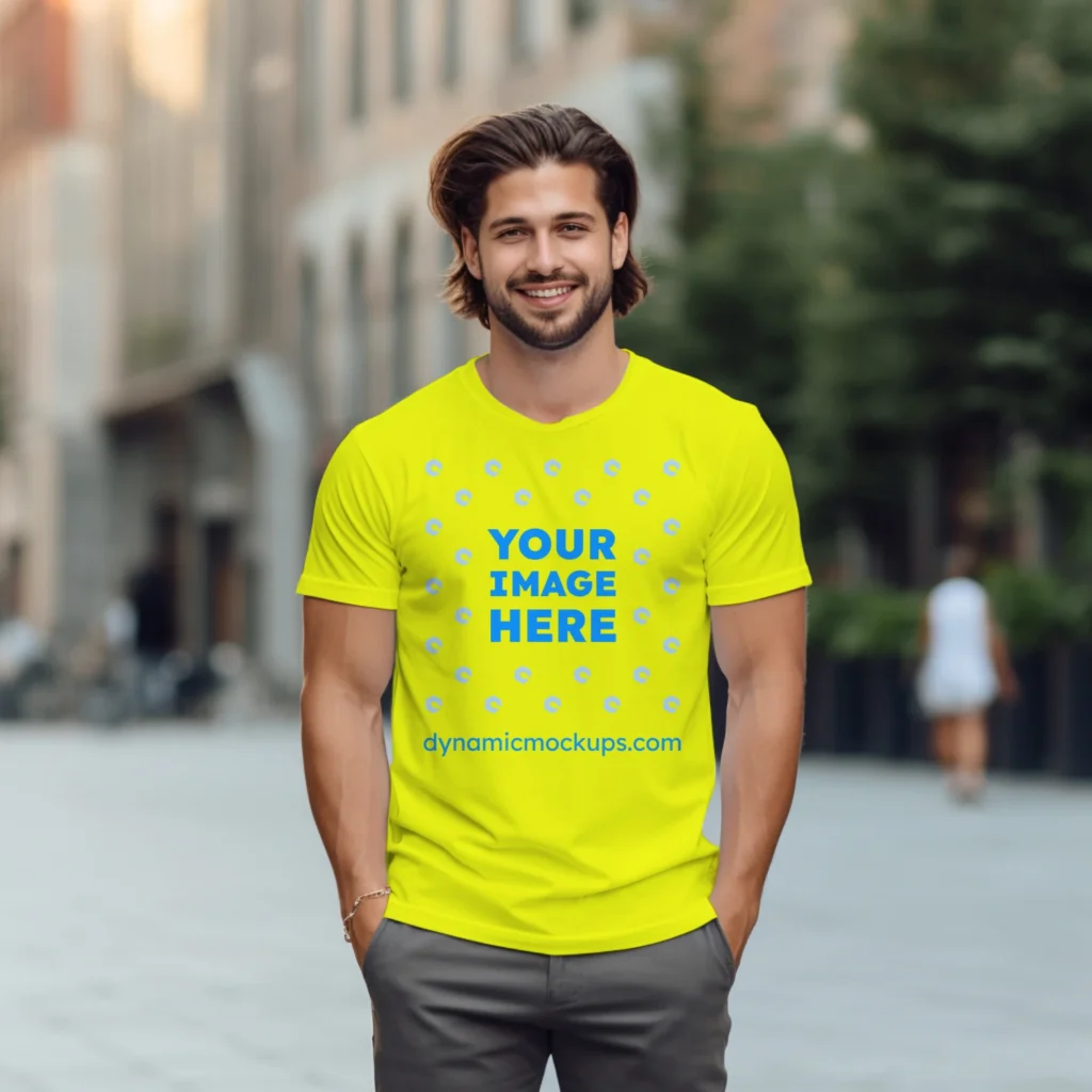 Man Wearing Yellow T-shirt Mockup Front View Template