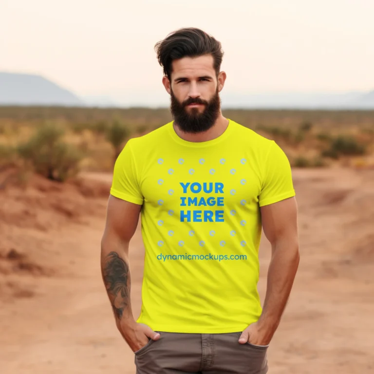 Man Wearing Yellow T-shirt Mockup Front View Template