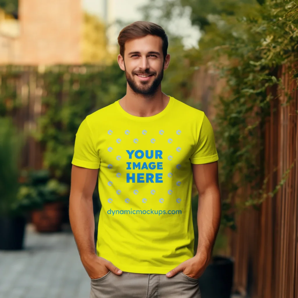 Man Wearing Yellow T-shirt Mockup Front View Template