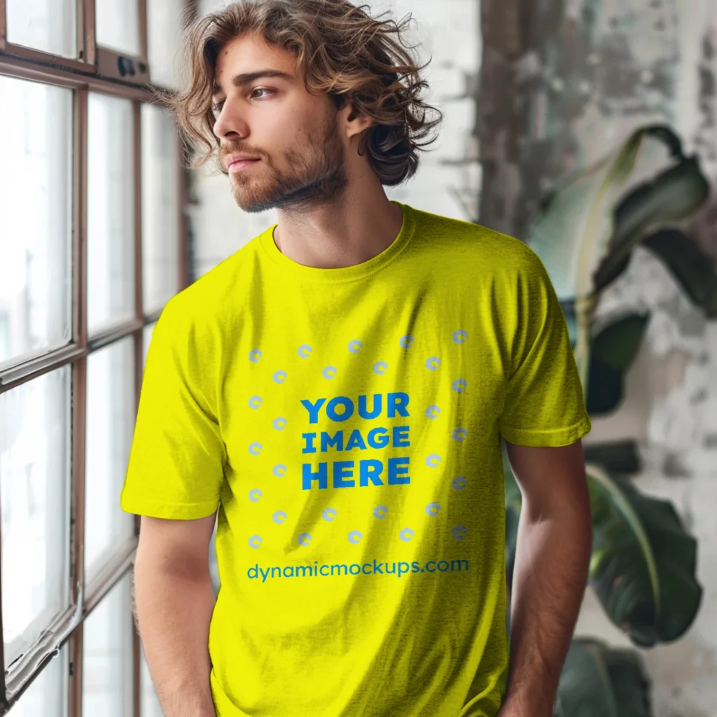 Man Wearing Yellow T-shirt Mockup Front View Template