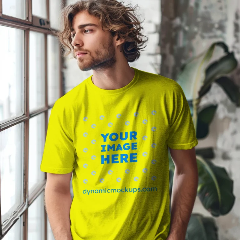 Man Wearing Yellow T-shirt Mockup Front View Template