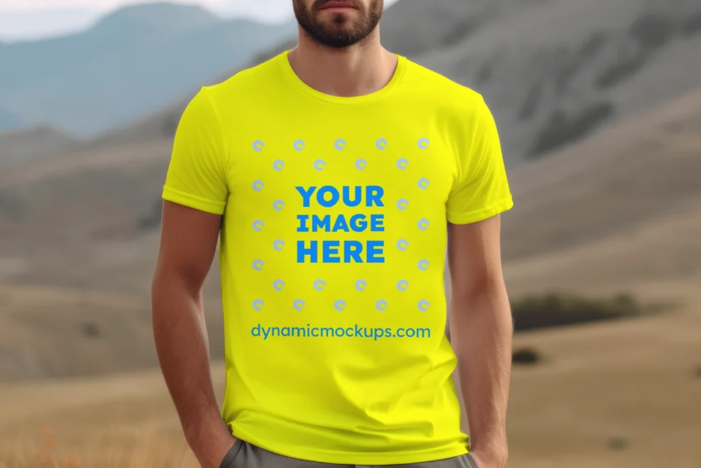 Man Wearing Yellow T-shirt Mockup Front View Template