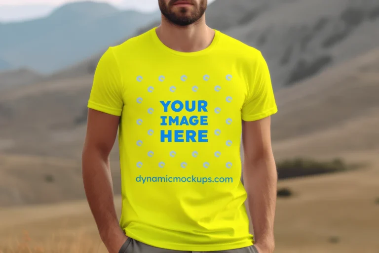 Man Wearing Yellow T-shirt Mockup Front View Template