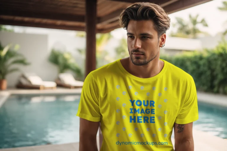 Man Wearing Yellow T-shirt Mockup Front View Template