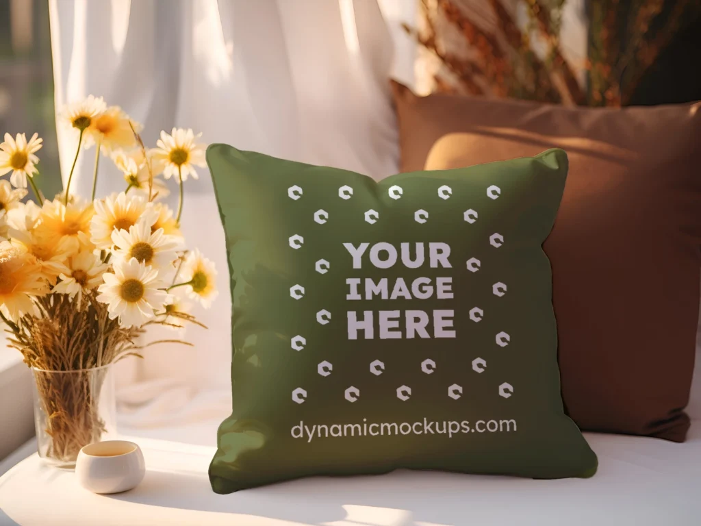 Olive Green Square Pillow Cover Mockup Template