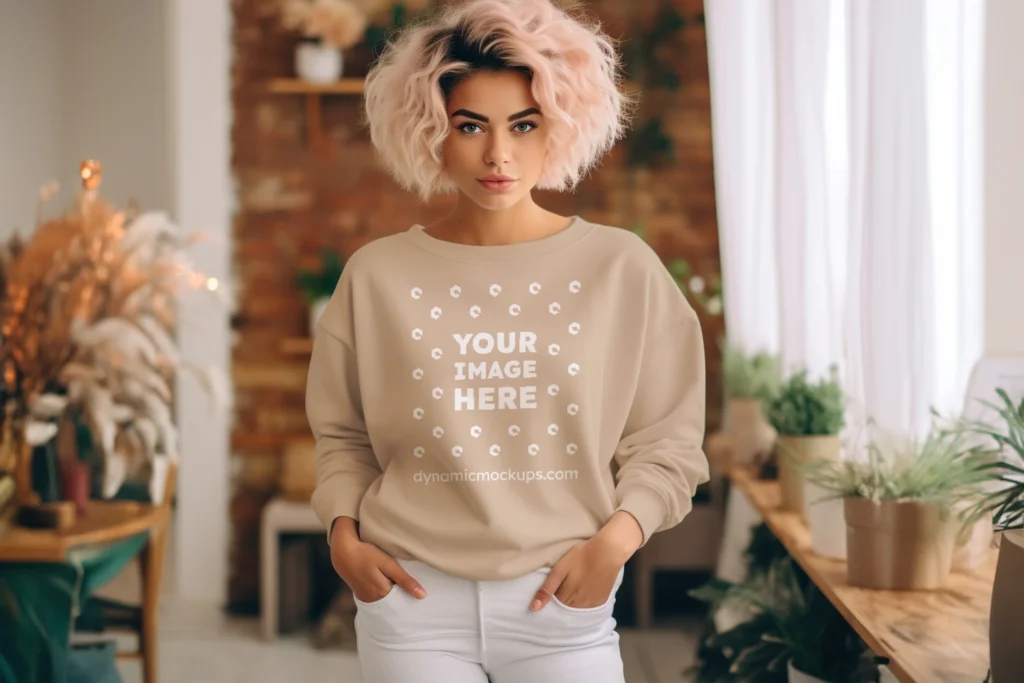 Woman Beige Sweatshirt Mockup Front View Template