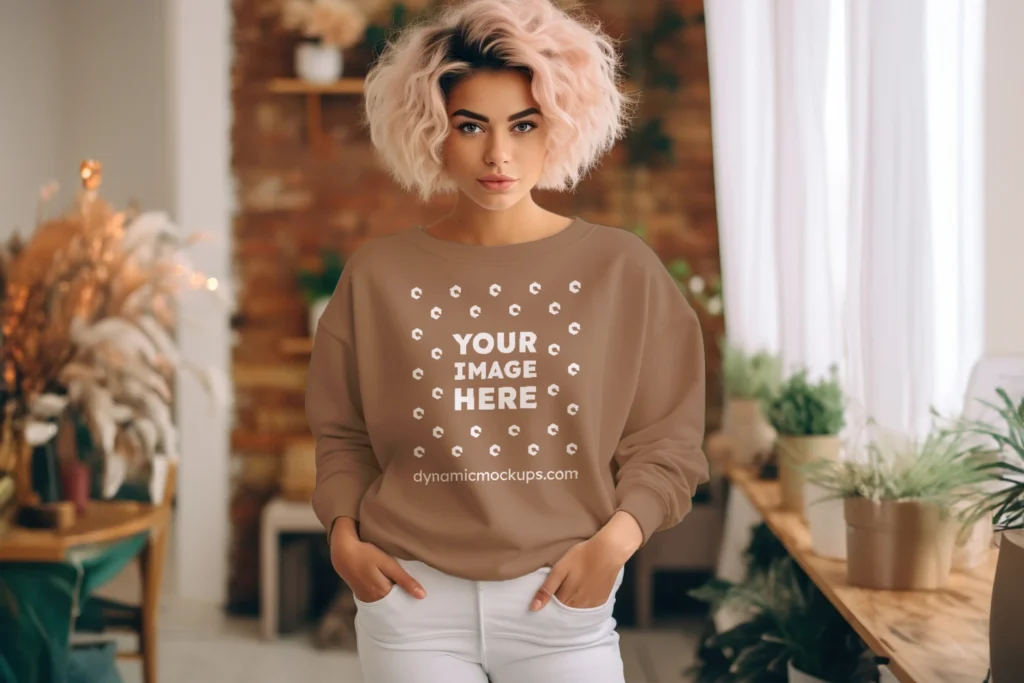 Woman Brown Sweatshirt Mockup Front View Template