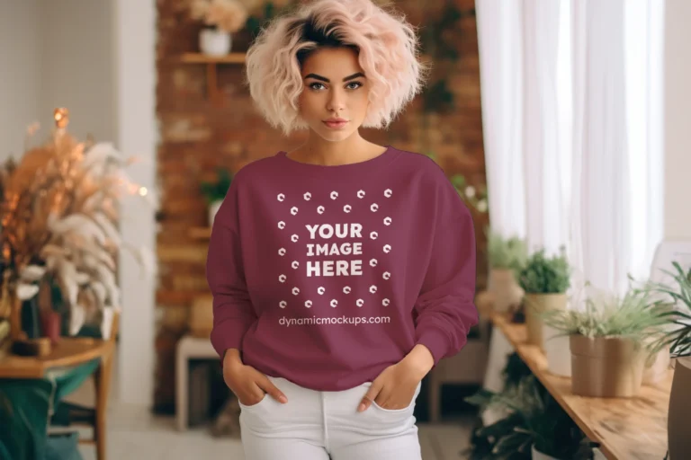 Woman Maroon Sweatshirt Mockup Front View Template