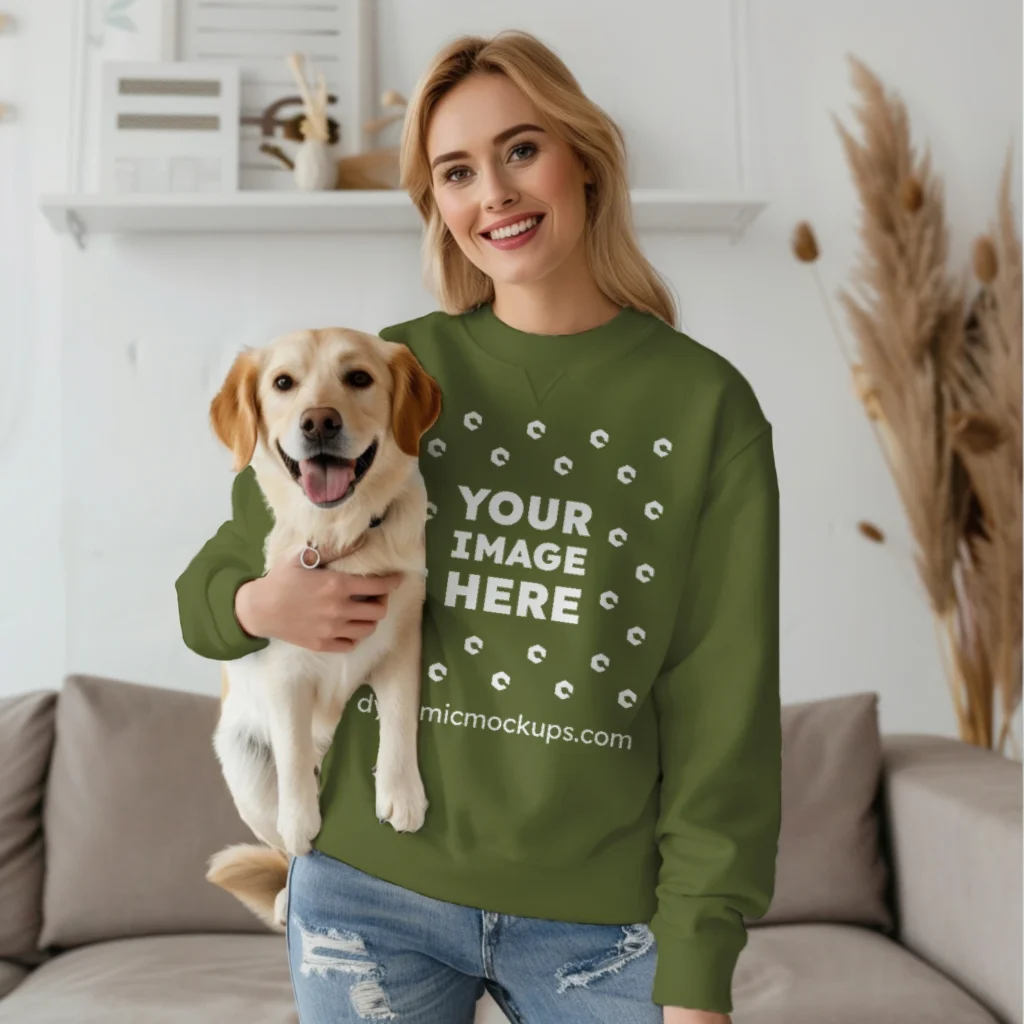 Woman Olive Green Sweatshirt Mockup Front View Template