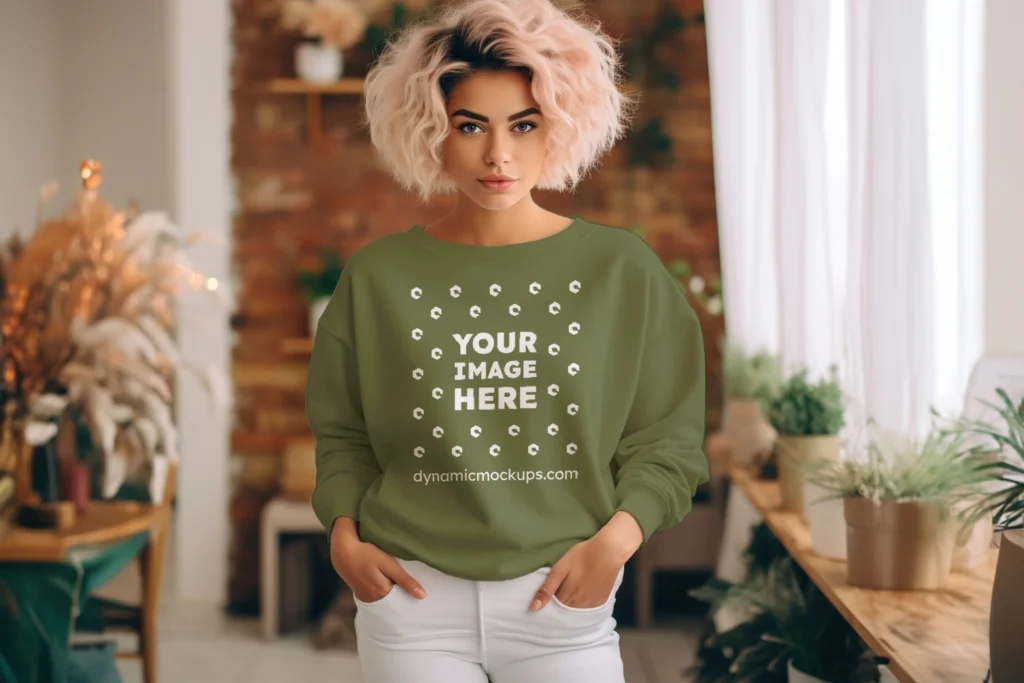 Woman Olive Green Sweatshirt Mockup Front View Template